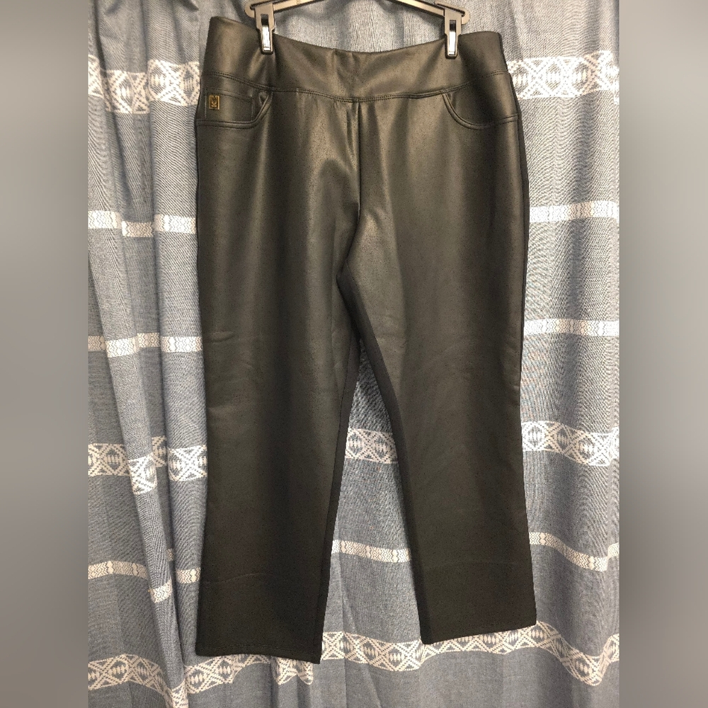 Belle by Kim Gravel Women's Pants Sz 14 Petite Faux Leather with Ponte Black